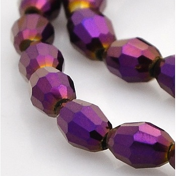 Full Plated Glass Faceted Rice Beads Strands, Purple Plated, 6x4mm, Hole: 1mm, about 72pcs/strand, 16 inch
