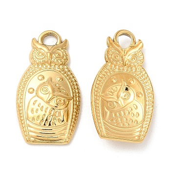 304 Stainless Steel Pendants, Owl Charm, Real 18K Gold Plated, 20x10.5x3mm, Hole: 2mm