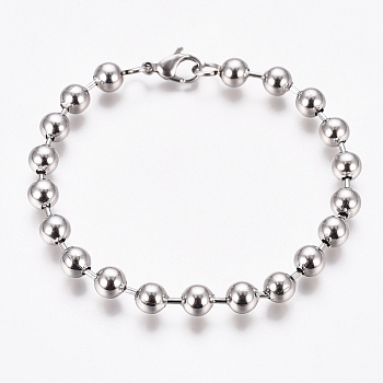 304 Stainless Steel Ball Chain Bracelets, with Lobster Claw Clasps, for Women, Stainless Steel Color, 7-1/2 inch(19cm)