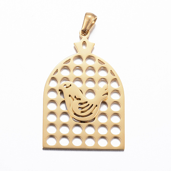 Ion Plating(IP) 304 Stainless Steel Pendants, Bird and Birdcage, Golden, 40x25x2mm, Hole: 6x3mm