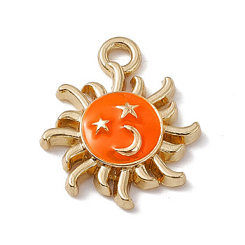 Alloy Enamel Pendants, Golden, Sun with Star & Moon Charm, Dark Orange, 18x15.5x3.5mm, Hole: 2mm