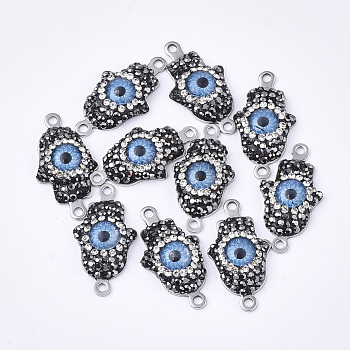 Polymer Clay Rhinestone Links connectors, with 304 Stainless Steel Findings and Resin, Hamsa Hand/Hand of Fatima/Hand of Miriam with Evil Eye, Stainless Steel Color, 27x14x5mm, Hole: 1.8mm