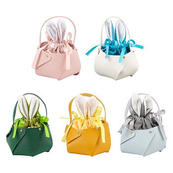 5 Sets 5 Colors PU Imitation Leather Bags, with Rabbit Ear Velvet Drawstring Pouches, for Candy Storage, Easter Party Supplies, Mixed Color, 21.2x15.5x0.2cm, 1 set/color