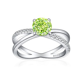 925 Sterling Silver Micro Pave Cubic Zirconia Plain Band Rings, Real Platinum Plated, Flat Round, Green Yellow, US Size 7(17.3mm)