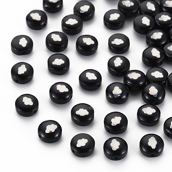Handmade Lampwork Beads, with Platinum Plated Brass Embellishments, Flat Round with Cloud Pattern, Black, 8x5mm, Hole: 0.8mm