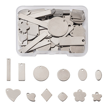 72Pcs 12 Style 201 Stainless Steel Stamping Blank Tag Pendants, Mixed Shapes, Stainless Steel Color, 11.5~32x5~20x0.7~1mm, 6pcs/style