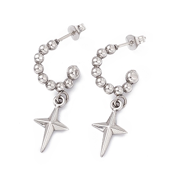 304 Stainless Steel Ring with Star Dangle Stud Earrings, Half Hoop Earrings for Women, Stainless Steel Color, 33mm, Pin: 0.7mm