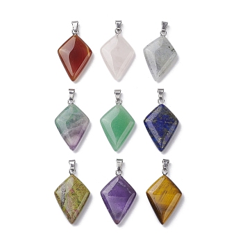 Natural Mixed Stone Pendants, Kite Charms with Stainless Steel Color Plated Stainless Steel Snap on Bails, 28~28.5x18x5.5mm, Hole: 5.5x3.5mm