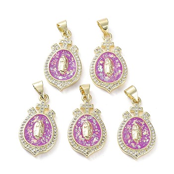 Rack Plating Brass Micro Pave Clear Cubic Zirconia Pendants, with Synthetic Opal, Cadmium Free & Lead Free, Long-Lasting Plated, Real 18K Gold Plated, Flat Round, Teardrop, 24x13.5x2.5mm, Hole: 5.5x3.6mm