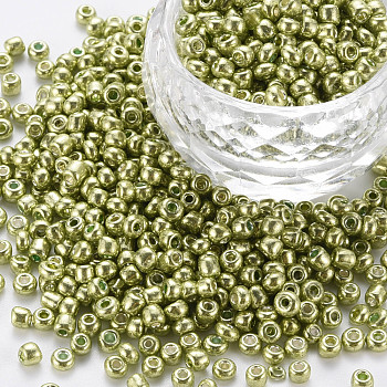 8/0 Glass Seed Beads, Metallic Colours Style, Round, Olive Drab, 8/0, 3mm, Hole: 1mm, about 10000pcs/pound