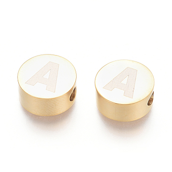 304 Stainless Steel Beads, Flat Round with Letter, Letter.A, 10x4.5mm, Hole: 2mm