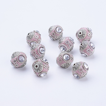 Handmade Indonesia Round Beads, with Glass Cabochons and Antique Silver Metal Color Double Alloy Cores, Pink, 14~15x15~16mm, Hole: 2mm