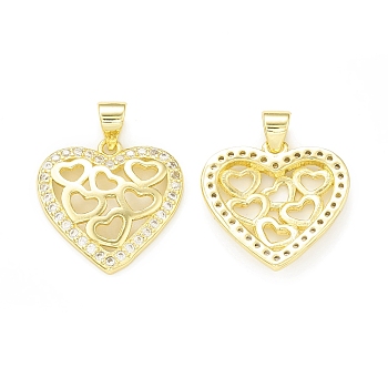 Rack Plating Brass Micro Pave Clear Cubic Zirconia Pendants, Cadmium Free & Lead Free, Long-Lasting Plated, Hollow Heart Charm, Real 18K Gold Plated, 18x18x3mm, Hole: 4x3.5mm