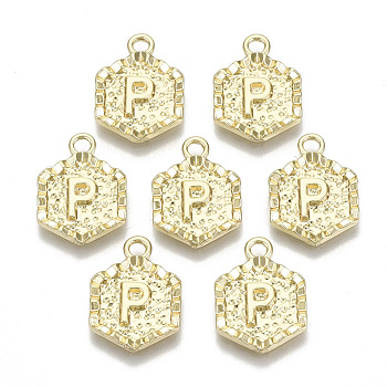 Alloy Pendants, Cadmium Free & Nickel Free & Lead Free, Hexagon with Letter, Real 18K Gold Plated, Letter.P, 17.5x13x2mm, Hole: 2mm