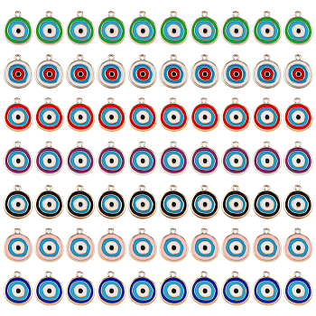 DICOSMETIC 70Pcs 7 Colors CCB Plastic Enamel Pendants, Flat Round with Evil Eye, Mixed Color, 17.5~18x15x2.5mm, Hole: 1.5mm, 10pcs/color