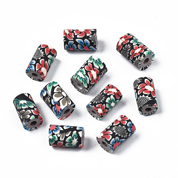 Handmade Polymer Clay Beads, Column with Jewelry Crafts Pattern, Tomato, 11x6~7.5mm, Hole: 2~3mm