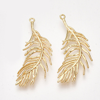 Brass Pendants, Feather, Nickel Free, Real 18K Gold Plated, 36~37x15~16x1.5mm, Hole: 1.2mm