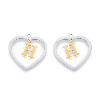 201 Stainless Steel Pendants, Hollow, Heart with Letter A~Z, Real Gold Plated & Stainless Steel Color, Letter.H, 29x29.5x1mm, Hole: 2mm, A~Z: 12x8~10.5x1mm
