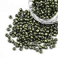 8/0 Baking Paint Glass Seed Beads, Round Hole, Round, Olive, 3~3.5x2mm, Hole: 1~1.2mm, about 10000Pcs/pound(SEED-R051-07B-01)