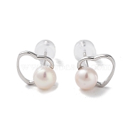 Natural Pearl Stud Earrings for Women, with Sterling Silver Pins, Heart, 9x10.5mm(EJEW-C083-07B-P)
