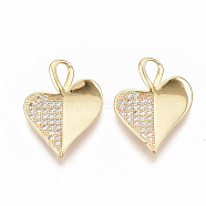 Brass Micro Pave Cubic Zirconia Pendants, Nickel Free, Real 18K Gold Plated, Heart, Clear, 22x16.5x1.5mm, Hole: 4x3mm(ZIRC-T011-03G-NF)