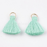 Polycotton(Polyester Cotton) Tassel Pendant Decorations, with Iron Findings, Light Gold, Aquamarine, 20~30x7~8mm, Hole: 5mm(FIND-S280-09)