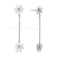 SHEGRACE Titanium Steel Dangle Stud Earrings, with Chains, Daisy Flower, Stainless Steel Color, 8mm(JE685A)