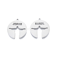 201 Stainless Steel Pendant,  Hollow Charms, Flat Round with Word JESUS, Stainless Steel Color, 27x25x1.5mm, Hole: 1.5mm(STAS-B027-18P)