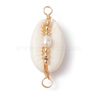 Natural Shell Copper Wire Wrapped Connector Charms, with Natural Cultured Freshwater Pearl Beads, Golden, 31.5x13.5x10mm, Hole: 2.7~3mm(PALLOY-JF02316-01)