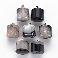 Natural Agate Pendants, with Platinum Iron Pinch Bail, with Half Drilled Hole, Column, 20~25x20mm, Hole: 7.5x4mm and 1.8mm(G-S359-286)