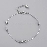 Brass Beaded Anklets, with Coreana Chains and Bell Charm, Round & Star, Platinum, 8-5/8 inch(22cm)(X-AJEW-B005-26P)