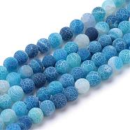Natural & Dyed Crackle Agate Bead Strands, Frosted Style, Round, Blue, 6mm, Hole: 1mm, about 63pcs/strand, 15.5 inch(G-T056-6mm-07)