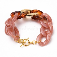 Acrylic Cuban Link Chain Bracelets, Curb Chain Bracelets, with CCB Plastic Findings and Alloy Toggle Clasps, Rosy Brown, 8 inch(20.2cm)(BJEW-JB05659-01)