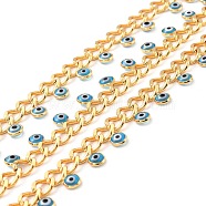 Handmade Brass Faceted Curb Chains, With Enamel Charm, Real 18K Gold Plated, Unwelded, Flat Round with Evil Eye, with Spool, Cadet Blue, Link: 10x14x2.5mm, 10x7.5x2mm(CHC-C020-07G-01-NR)
