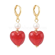 Red Glass Heart with Natural Pearl Dangle Leverback Earrings, Brass Long Drop Earrings for Women, Golden, 43mm, Pin: 1x0.8mm(EJEW-TA00129)