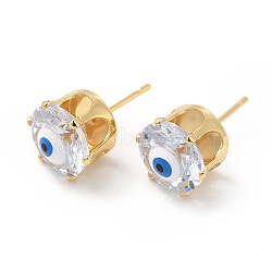 Flat Round Glass with Enamel Evil Eye Stud Earrings, Real 18K Gold Plated Brass Jewelry for Women, White, 11mm, Pin: 0.8mm(EJEW-P210-04G-07)