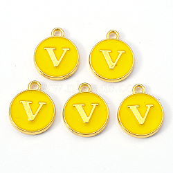 Golden Plated Alloy Enamel Charms, Enamelled Sequins, Flat Round with Letter, Gold, Letter.V, 14x12x2mm, Hole: 1.5mm(X-ENAM-S118-09V)