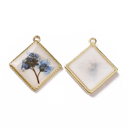 Transparent Clear Epoxy Resin Pendants, with Edge Golden Plated Alloy Loops, Rhombus Charms with Inner Flower, Cornflower Blue, 30x26.5x3mm, Hole: 1.8mm(RESI-L036-11KCG-04)