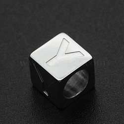 Non-Tarnish 201 Stainless Steel European Beads, Large Hole Beads, Horizontal Hole, Cube, Stainless Steel Color, Letter.Y, 7x7x7mm, Hole: 5mm(STAS-N090-LA062-Y)