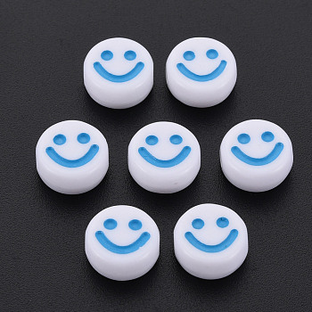 Opaque Acrylic Beads, with Enamel, Flat Round with Smile Face, Deep Sky Blue, 10x5mm, Hole: 2mm, about 1450pcs/500g
