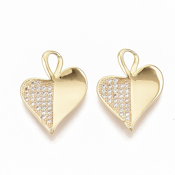 Brass Micro Pave Cubic Zirconia Pendants, Nickel Free, Real 18K Gold Plated, Heart, Clear, 22x16.5x1.5mm, Hole: 4x3mm