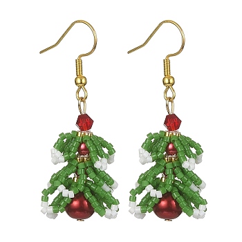 Seed & Imitation Pearl Christmas Tree Dangle Earrings, 304 Stainless Steel Earrings, Medium Sea Green, 47mm