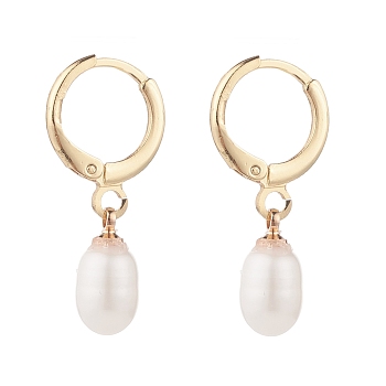 Natural Pearl Beads Drop Huggie Hoop Earrings for Women, Light Gold, Seashell Color, 25~26mm, Pin: 0.8mm
