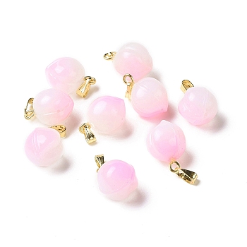 Opaque Spray Painted Glass Pendants, with Golden Tone Brass Findings, Peach Charms, Pearl Pink, 17x12x11.5mm, Hole: 6x2.5mm