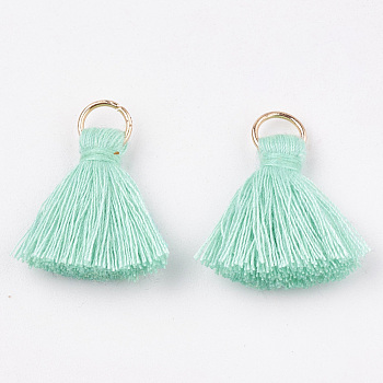 Polycotton(Polyester Cotton) Tassel Pendant Decorations, with Iron Findings, Light Gold, Aquamarine, 20~30x7~8mm, Hole: 5mm
