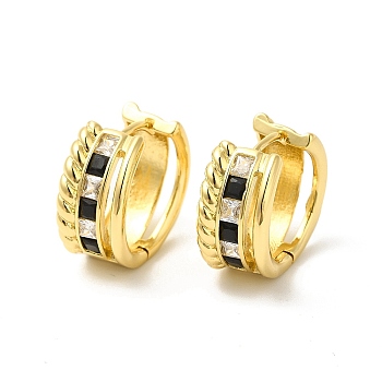 Black Cubic Zirconia Thick Hoop Earrings, Rack Plating Brass Jewelry for Women, Cadmium Free & Nickel Free & Lead Free, Real 18K Gold Plated, 17x18x9mm, Pin: 1mm