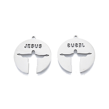 201 Stainless Steel Pendant,  Hollow Charms, Flat Round with Word JESUS, Stainless Steel Color, 27x25x1.5mm, Hole: 1.5mm