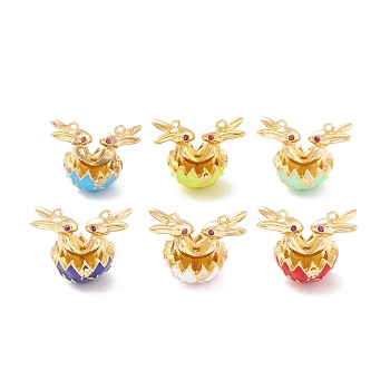 Rack Plating Brass Enamel & Zircon Pendants, Long-Lasting Plated, Real 18K Gold Plated, Cadmium Free & Nickel Free & Lead Free, Eggshells with Rabbits, Mixed Color, 15.5x19.5x13mm, Hole: 1mm