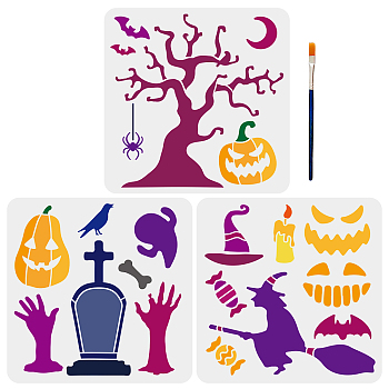 US 1 Set PET Hollow Out Drawing Painting Stencils, with 1Pc Art Paint Brushes, Halloween Themed Pattern, Painting Stencils: 300x300mm, 3pcs/set, Brushes: 16.9x0.5cm