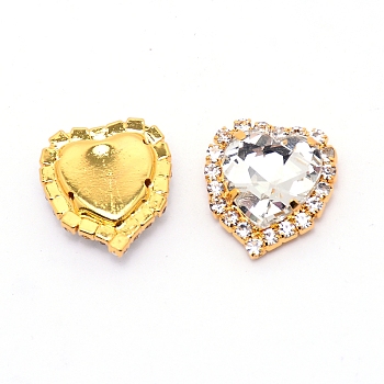 Sew on Rhinestone, Glass Rhinestone, with Light Gold Plated Brass Findings, Garment Accessories, Faceted, Heart, Crystal, 15.2x14x6mm, Hole: 1mm